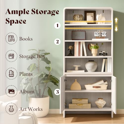 Image of AMERLIFE 71 inch Modern Bookcase Set of 2 with Storage Cabinets, White | 2 Pieces Bookshelf Set, Storage Cabinets with Adjustable Shelves, Curved Design, Ideal for Living Room, Bedroom, Home Office