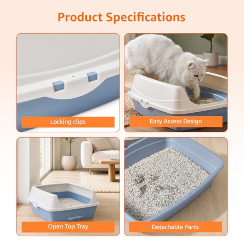 Image of Amazon Basics Premium Cat Litter Tray | Sapcious Open Entry Cat Litter Box | Easy Access & Cleaning Design | Blue + White | 49 x 39 x 18 cm | Suitable for Kittens & Cats