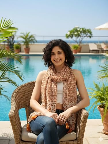 Image of KE KANHA EXPORTS Scarf for Women Premium Cotton Boho | Dual Tone Border Print Stole with Tassels | Lightweight Summer Beach Wrap 180 x 50 cm FREE Scrunchie Included