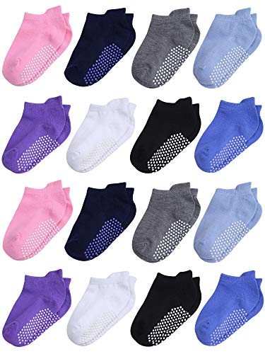 Cooraby 16 Pairs Toddler Non Slip Grip Ankle Socks Anti Skid Athletic Socks for Toddlers Boys or Girls (Colors A, 6-12 Months)