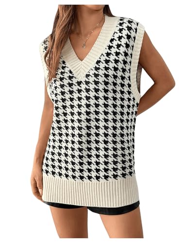 Image of MakeMeChic Women's Houndstooth Sweater Vest Sleeveless V Neck Loose Tops Black and White Large