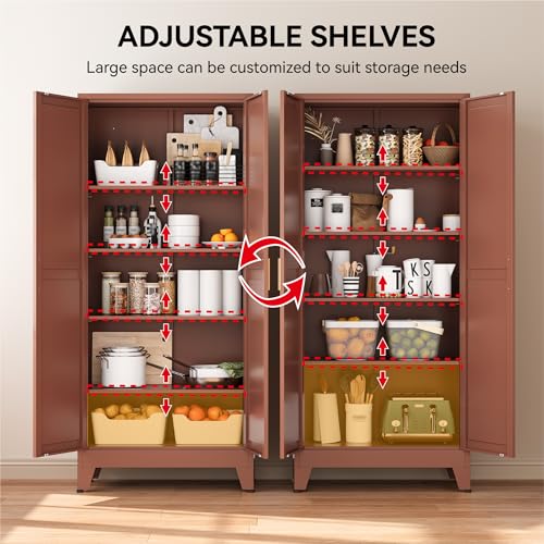 Image of COFaR 71 inch Metal Pantry Cabinet in Brown, 5-Tier Storage with Adjustable Shelves, Metal-Tone Cupboard for Kitchen, Office & Living Room Organization