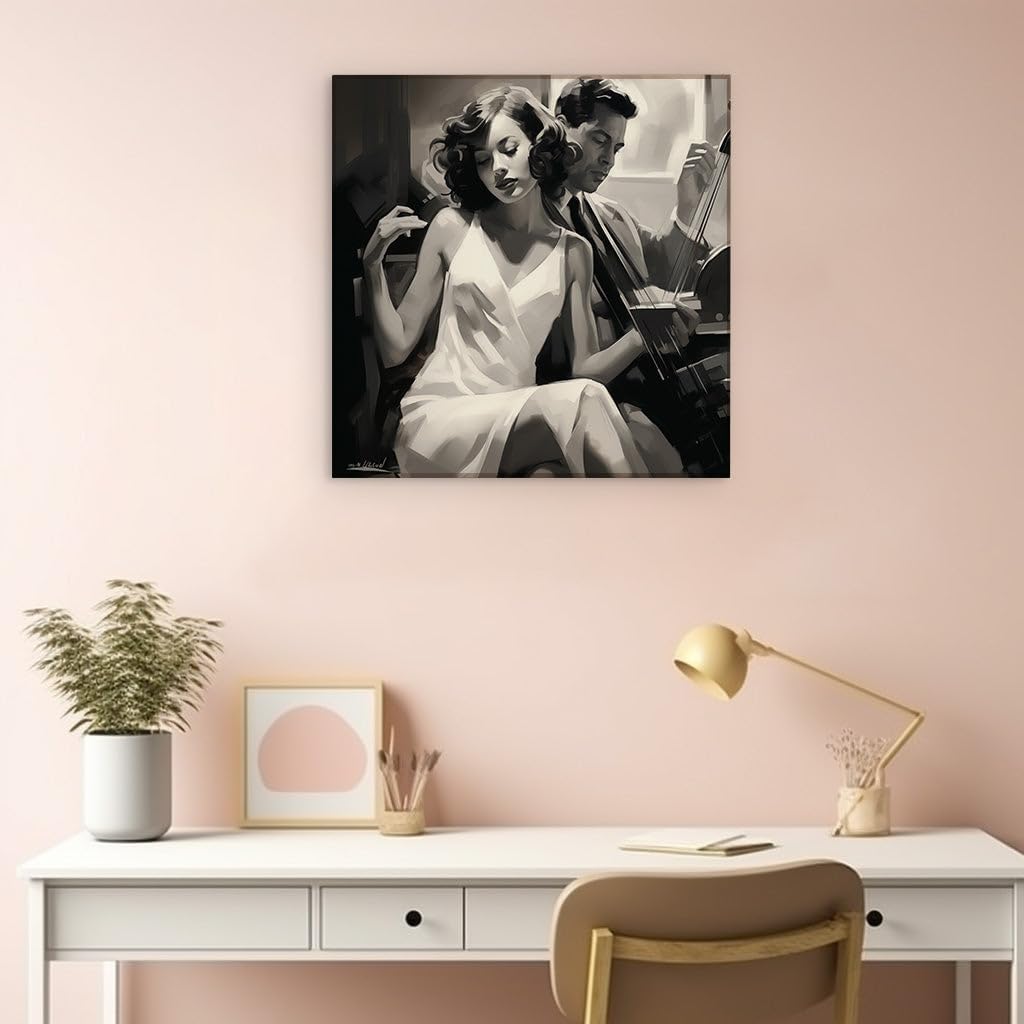 Canvas for Living room. Harmony in Monochrome Musicians Lost in a Melodic Embrace, 27 x 18 inch Canvas Wall Art - Ready to Hang - 69x46 cm (27x18 inch)