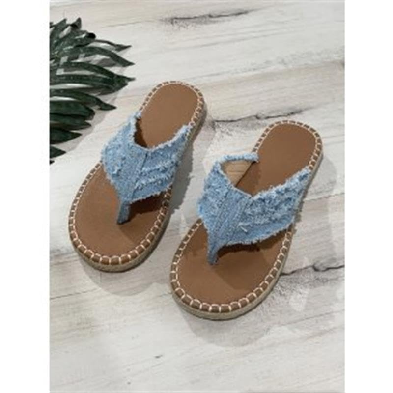 ALEBEE Denim Sandals For Women Straw Flat Heel Bohemian Flip-Flops Sandals3