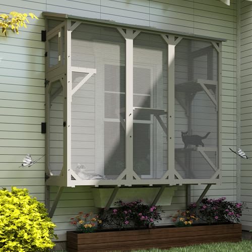 Window Catio Large Cat Window Box, Expandable Cat Window Perch for Indoor Cats, Catio Outdoor Enclosure with 4 Platforms, 3 Doors for Sunbathing, Napping, Overlooking, All Weather Use