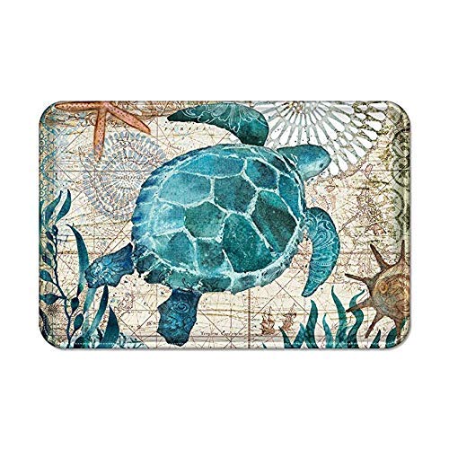 SODIKA Indoor Doormat Super Absorbent Bath Mat Non Slip Shoes Scraper Entrance Rug Carpet,Sea Theme Bath Mat,Summer Ocean Life Blue Sea Turtle Coastal Navigation Map,23.6" x 15.7"