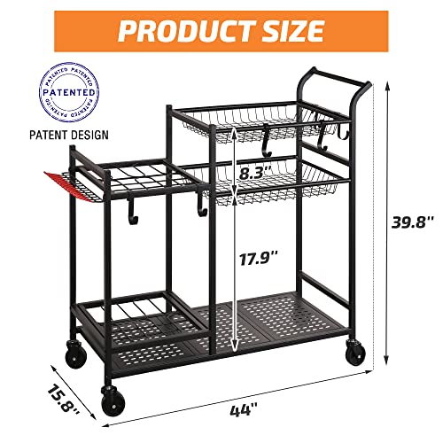 PLKOW Garden Tool Organizer with Wheels, Garden Tool Rack, Yard Tool Holder for Rakes, Shovel, Fertilizer, Garden Tool Storage for Garage, Shed, Outdoor