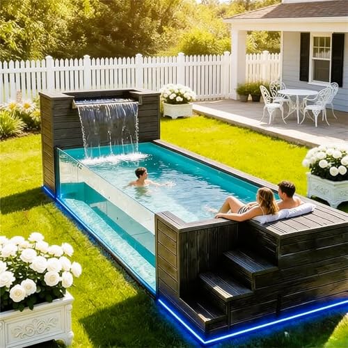 Infinity View Container Pool-Luxury Above Ground Swimming Pool with Glass Window & Waterfall System | Prefab Modular Steel Pool with LED Lighting | No-Dig Instant Oasis for Backyard, Villa
