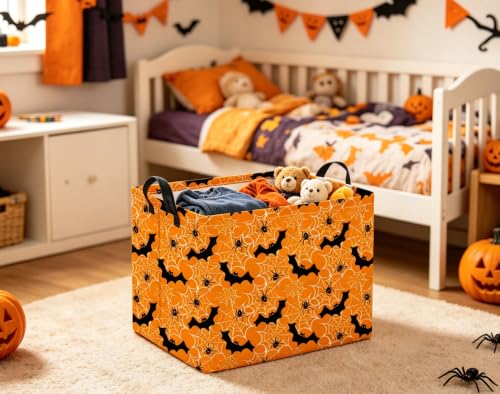 Image of Halloween Basket Cute Baskets for Kids Pumpkin Basket Rectangular Storage Bin Organizer Box Room Decor(Yellow Spider Web)
