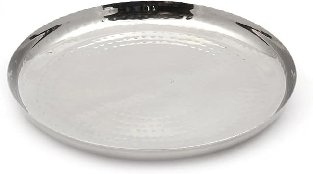 Stainless Steel Hammered Plate 28cm – Premium Round Serving & Dining Plate with Sharp Edge and Mirror Finish – Durable Rust Resistant Metal Thali for Meals, Snacks, Pasta, Curry & Desserts