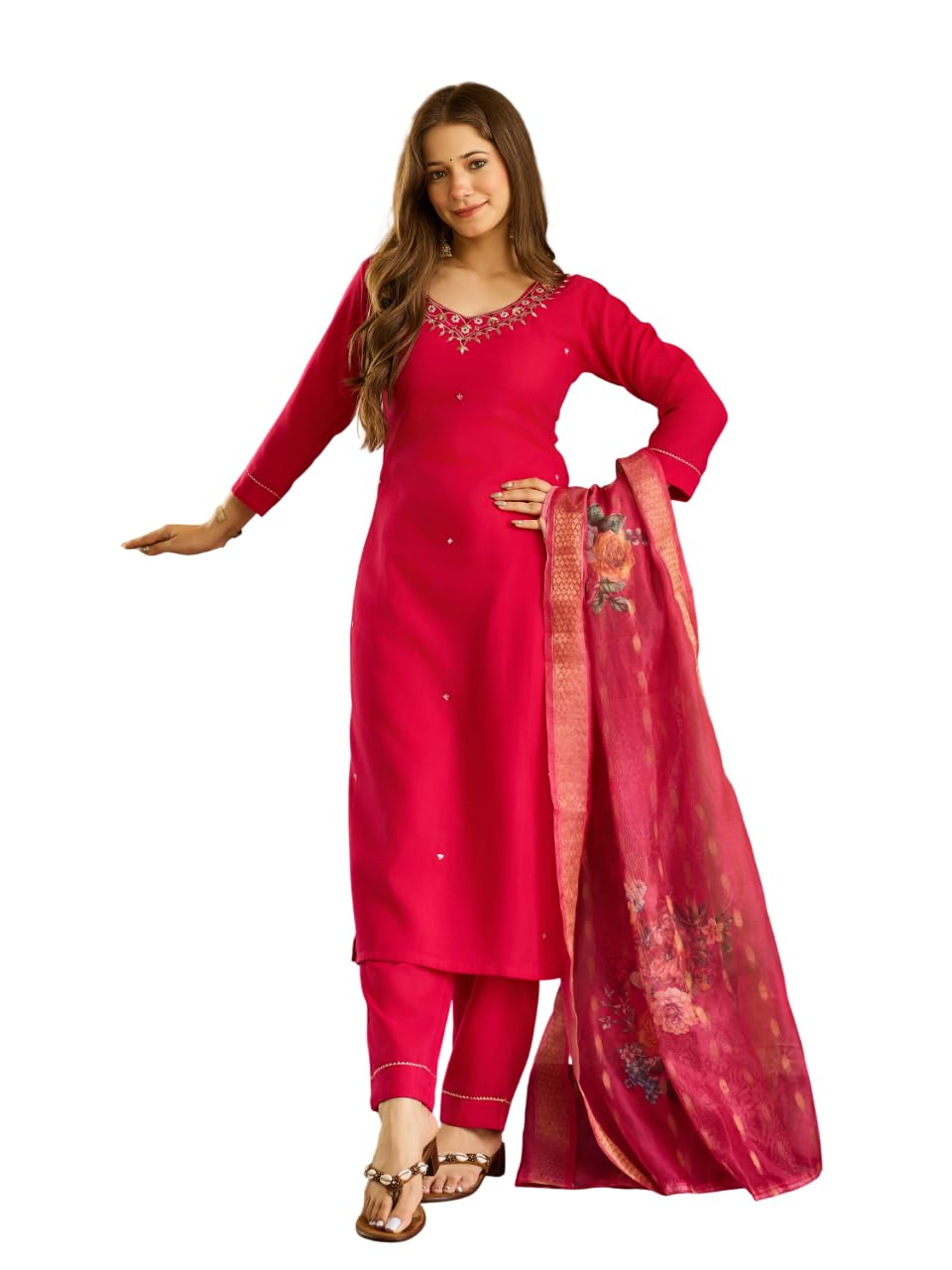 Women Ethnic Kurta Pant Dupatta Set | Rani Pink Straight Kurti for Party 672=3-image-0