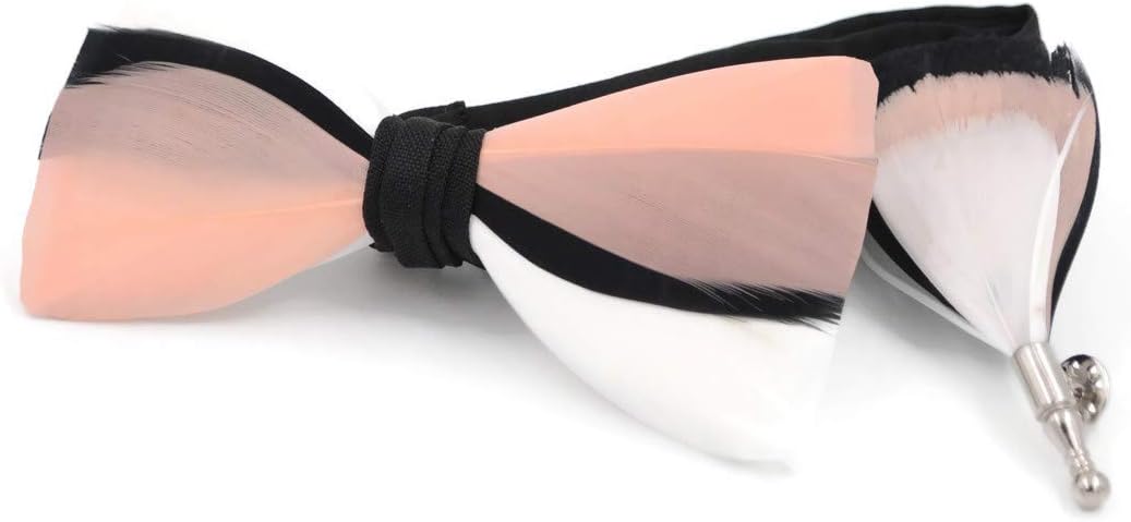 Elegant White, Black & Peach Feather Bow Tie with Matching Lapel Pin Set - Handmade Wedding Accessory