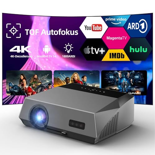 Smart Beamer 4K Wlan Bluetooth NFC, HDR LED Ultra HD 4K Beamer Heimkino Gaming 1800 ANSI Tageslicht, LCD Android TV Projektor Wifi Airplay mit Zoom ToF Autofokus Trapezkorrektur HDMI ARC 2.1 USB Decke
