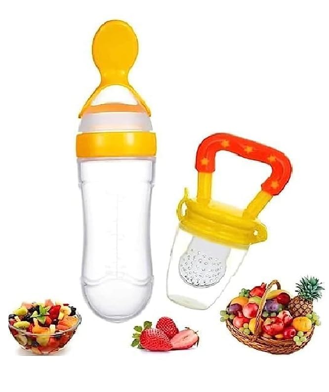 The Moms care Combo of Fruit Nibbler Pacifier and Silicone Squeeze Feeding Spoon Bottle for Feeding Milk Cereal 0 to 12 Months Daily Needs Items for Kids Same Color Design Yellow Set for Your Baby-image-29