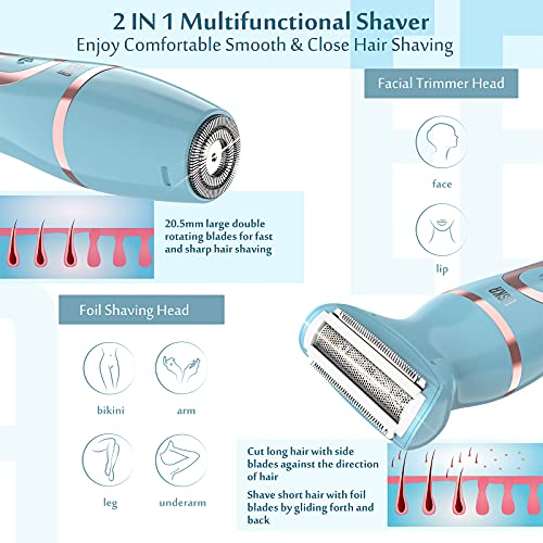Electric Razor For Women, Eeska 2-In-1 Womens Shaver Bikini Trimmer Body Hair Removal For Face Legs And Underarm, Portable Ladies Shaver, Ipx7 Waterproof Wet And Dry, Type C Usb Recharge Blue #TOP2