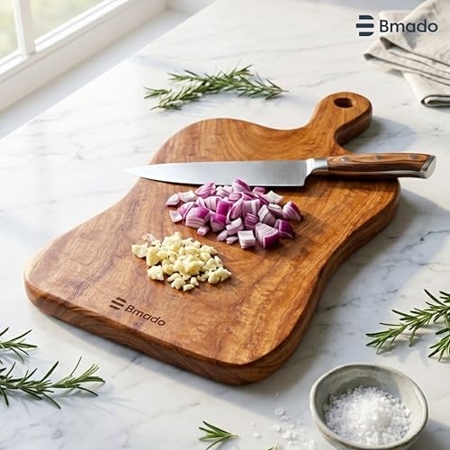 Image of Bmado Premium Single-Piece Solid Wooden Cutting Board with Handle | 1.2 Inch Thick Heavy-Duty Rectangular Chopping Board | Knife-Safe for Vegetables, Meat & Fruits | No Joints One Block Design