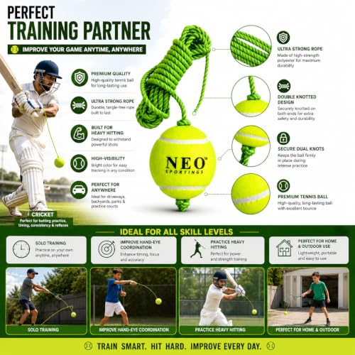 Image of Medium-Heavy Weight *80 Grams* Hanging Tennis Green Ball || 3.6 mtrs Nylon Rope || Double Knot || Green Rope || Pack of 2