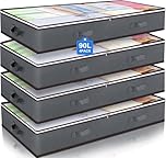 Budding Joy 4 Pack Underbed Storage, 90L Large Under Bed Storage Box with Lid, Clothes Storage Bags with Clear Window and Reinforced Handles for Blanket, Clothes, Comforters, Grey