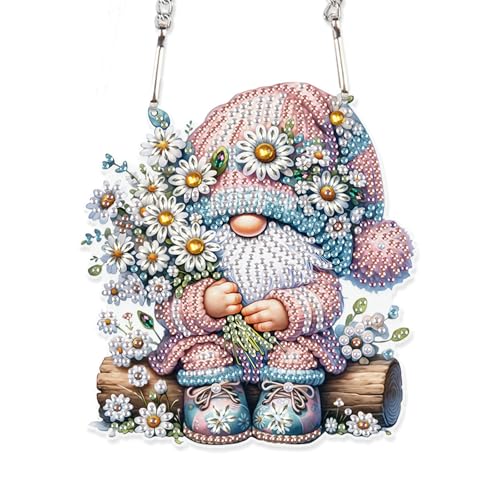 Image of DIY 5D Diamond Painting Hanging Ornament Gnome with Daisy Flowers, Floral Crystal Rhinestone Diamond Art Pendant for Home, Wall, Window, Garden, and Gift