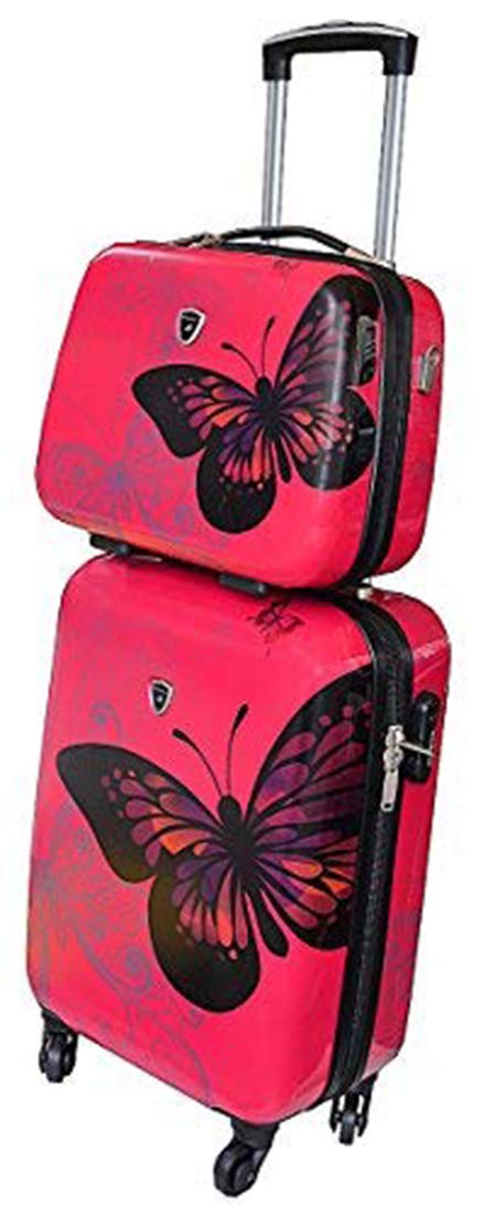 Avenuedusac - Valise Cabine 55 cm Rose avec Son Vanity Assorti Motif Papillon.