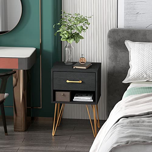 Famapy Nightstands Set Of 2, Bedside Table Side Table With Drawer & Shelf, Industrial Style, Gold Metal Legs, End Table Black (15.7”W X 11.8”D X 23.6”H) #TOP3