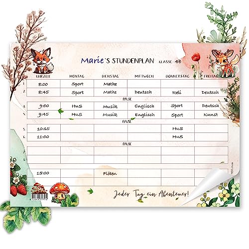 TOBJA Süßer Stundenplan für Kinder in der Grundschule - Waldbewohner Design | Mädchen und Jungen Stundenplan 1. Klasse | 25 Seiten, 90 g/m² Papier