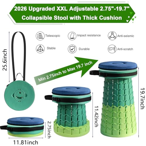 Image of 2026 Upgraded XXL Collapsible Stool with Thick Cushion,19.7 inchH-11.8 inchD Telescoping Folding Stool for Adults, More Sturdy Camping Stools with Load Capacity 1000lbs for Outdoor,Garden,Fishing,Hiking