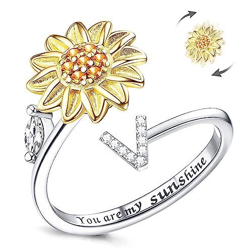 Kucheed Anillo Antiestrés Para Mujer, Anillo Giratorio Ajustable De Girasol, Círculo De Dedo Con Letra De Ansiedad Apilable Para Aliviar El Estrés, Joyería Interior Grabada'You Are My Sunshine'(V)