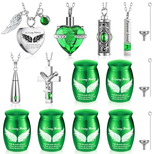 Ecation 12 Set Small Urn Cremation Jewelry Necklaces for Ashes Stainless Steel Keepsake Urns Memorial Locket Mini Ash Holders Waterproof for Human Adult Female Male Family Loved One (Green)