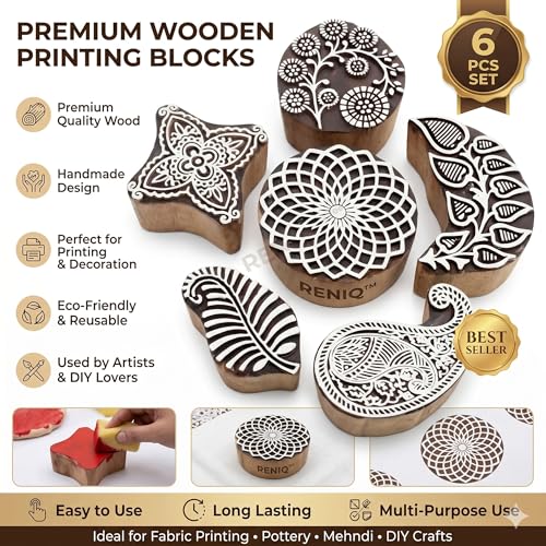 Image of RENIQ Wooden Printing Block for Fabric & DIY Craft | Handcrafted Indian Design Stamp for Textile, Pottery, Mehndi & Home Decor (Multicolor17)