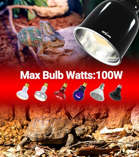 REPTI ZOO Reptile Heat Lamp Cap Deep Dome Reptile Light Fixture Polished Aluminum Alloy Heat Lamp Fixture for Lizard, Bearded Dragon, Turtles, and Snake Terrarium, Max 100W 5.5 Inches Black