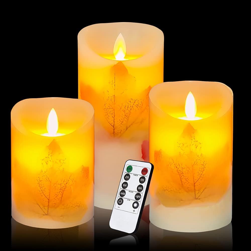 Maple Leaf Flameless Candles Flickering Battery Operated Decorative Candles Set Pack of 3(D: 3" x H: 4" 5" 6") LED Candles with Remote Control Timer (Maple Leaf Candles)