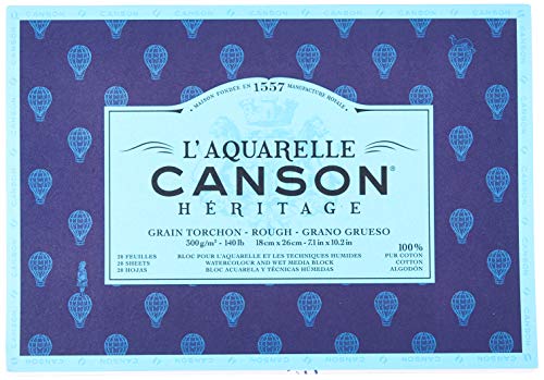Canson Heritage, Papel de acuarela, Áspero, 300g, Block pegado a 4 lados, 18x26cm, Blanco, 20 Hojas