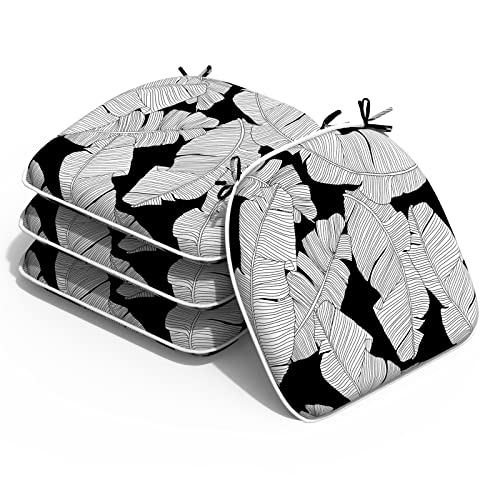 Melody Elephant Outdoor Chair Cushions Set Of 4, Water Resistant Patio Chair Pads With Ties, Seat Cushions For Home Garden Furniture Decoration, 16”X17”, Black Leaves #TOP12