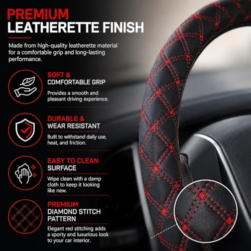 Image of Car Steering Wheel Cover for Car, Premium Leatherette Steering Cover, Anti-Slip Grip, Sweat Resistant, Comfortable Hold, Easy Install, Black-Red for Tata Punch