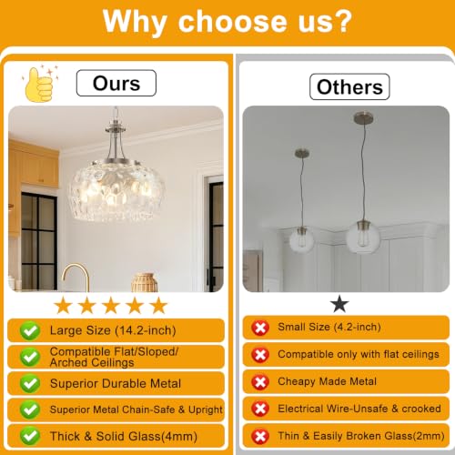 Image of Modern Pendant Lights Kitchen Island, 3-Light Brushed Nickel Pendant Light Fixtures with 14.2 inch Clear Hammered Glass Shade, Hanging Pendant Lights Fixture for Kitchen Island Dining Room Foyer Entryway
