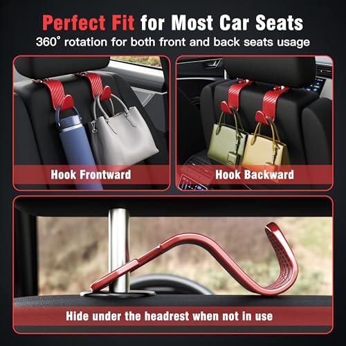 Image of 4-Pack Car Headrest Hooks Holds 55lbs Seat Storage Organizer for Bags | Durable ABS Material, 360 Rotating, Car Hanger for Backpack Umbrella Water Bottle Coat Handbags Groceries, Checkered Red