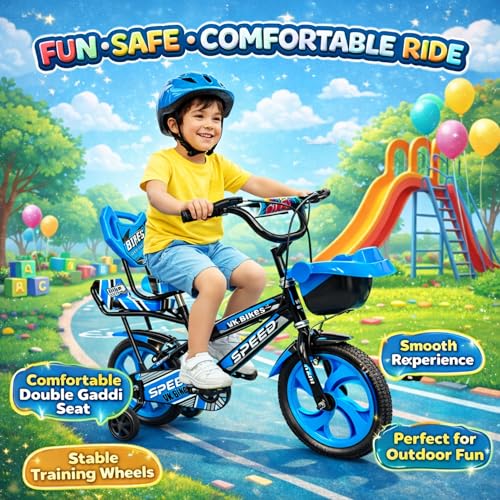 Image of Kids Cycle 14T with Training Wheels Double Gaddi (90% Assembled) for Boys and Girls (Bluee)