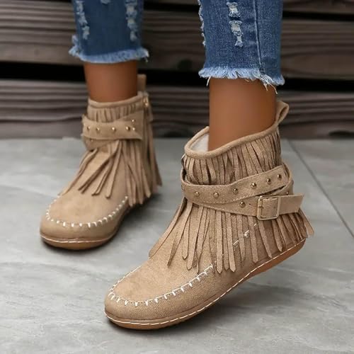 Women's Fringe Ankle Boots,Wide Width Round Toe Flats Suede Winter Boots Warm Fashionable Western Outdoor Short Booties Zipper Tassel Fashion Pull On Retro Low Heel Mid Calf Dress Shoes3
