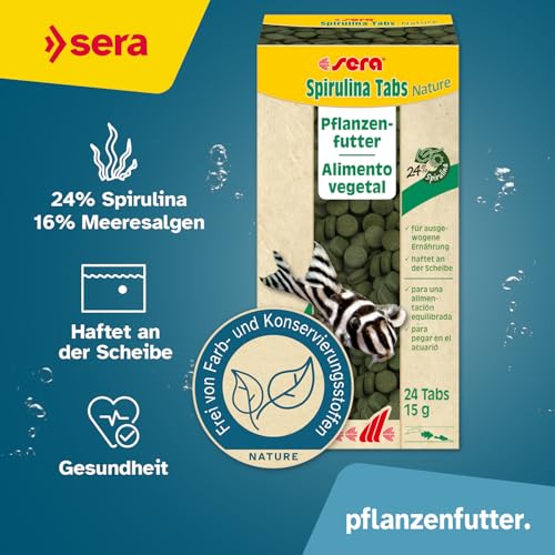 sera Spirulina Tabs Nature 24 Tabs (15 g) - Hafttabletten mit 24 % Spirulina für eine gesunde Verdauung und Vitalität, Futtertabletten Aquarium