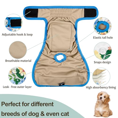 Image of Washable Female Dog Diapers (5 Pack) - Doggie Reusable Small Medium Large Dog Diapers for Doggy Puppy Female in Period - Highly Absorbent Dog Heat Panties,S Plus,Green