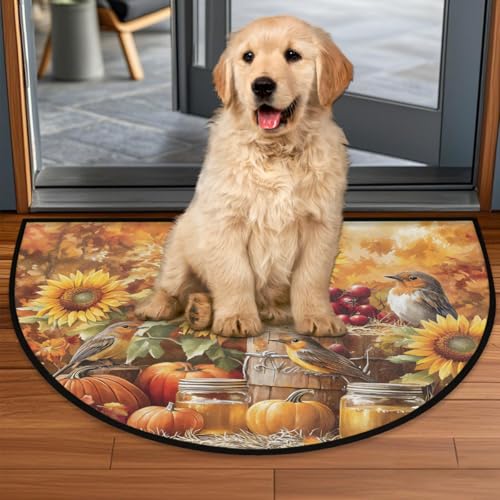 Image of cfpolar Half Round Door Mat Autumn Pumpkin Sunflower Bird Non-Slip Semi Circle Area Rug Washable Half Moon Hearth Rugs for Indoor Outdoor Bathroom Kitchen Patio Runner Mat Laundry Room Home Decoration