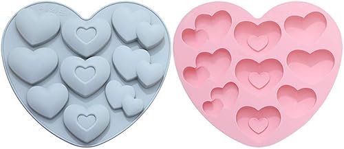 Cabilock - Moldes de silicona para repostería (2 unidades), diseño de corazón, color azul y rosa