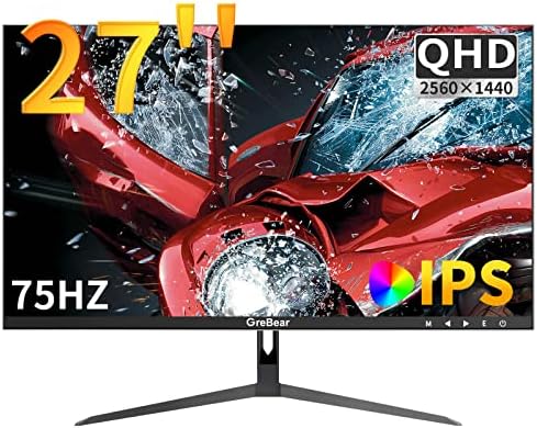 GreBear 27 Inch 2K Computer Monitor, Professional IPS PC Monitors QHD 2560 x 1440p 75Hz Home Office Gaming Screen, HDMI, DP, FreeSync, LED Backlight, Build-in Speaker, 100 x 100 mm VESA Mountable