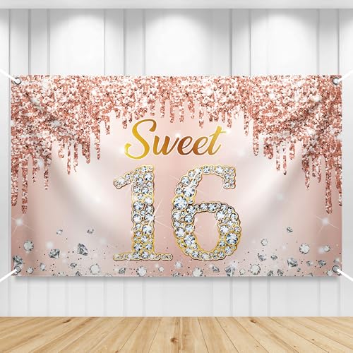 KatchOn XtraLarge Sweet 16 Banner Rose Gold - 72x44 Inch | Sweet 16 Party Decorations | Sweet 16 Backdrop for 16th Birthday Decorations for Girls | Sweet 16 Birthday Decorations