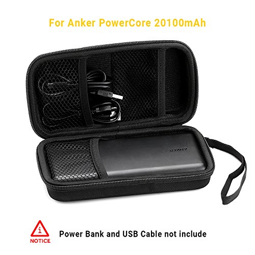 EasyAcc Power Bank Bag for Anker PowerCore 20100mAh, Premium EVA Hard Case Carrying Pouch External Battery Bag for 20000mAh 26000mAh Portable Charger, USB Cable, Hard Drive, Earphones, Cards – Black