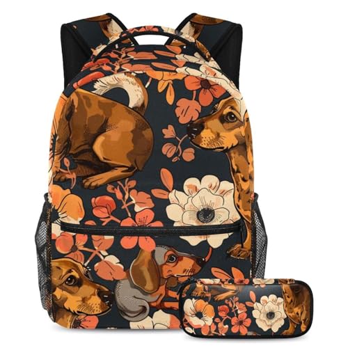 Sac à dos teckel marron avec trousse pour l'école et le voyage des enfants