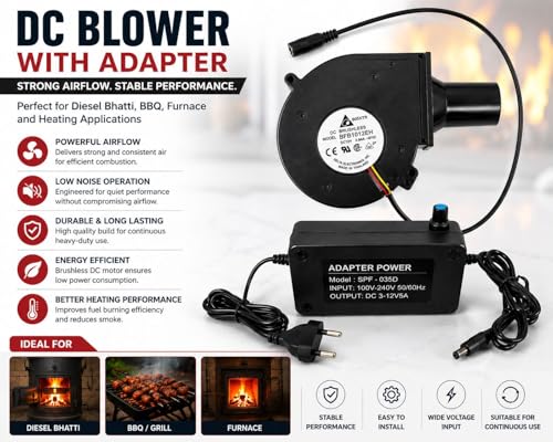 Image of HIGH Speed DC 12V 2.94A BRUSHLESS Blower Fan KIT with Adjustable Power Adapter for BBQ, Diesel Furnace, Bhatti