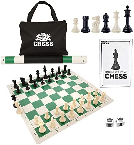 WE Games Best Value Tournament Chess Set w/ a Green Roll Up Vinyl Board, Plastic Pieces & Bag