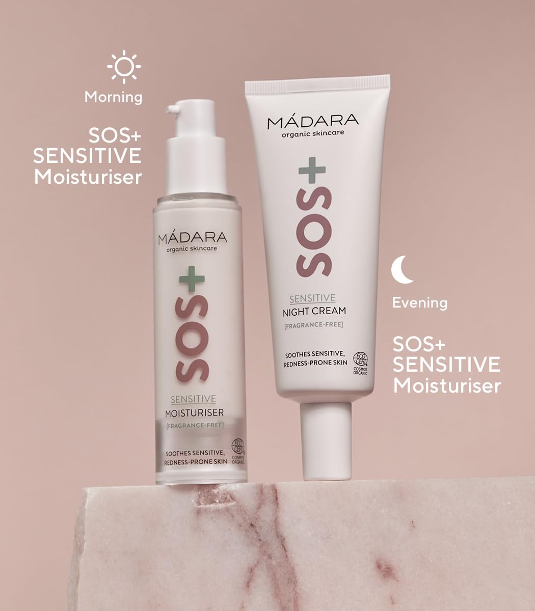 MÁDARA SOS Sensitive Moisturiser 50 ml, Fragrance-Free Face Moisturizer for Sensitive, Redness-Prone Skin, Hydrating Cream with Hyaluronic Acid, Jojoba Oil and Red Algae, Organic Certified